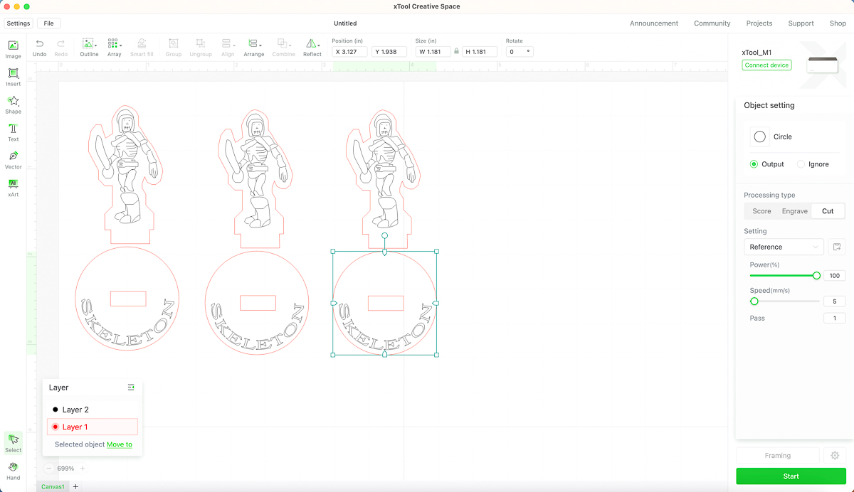 changing settings for xTool M1 laser cutter from score to cut