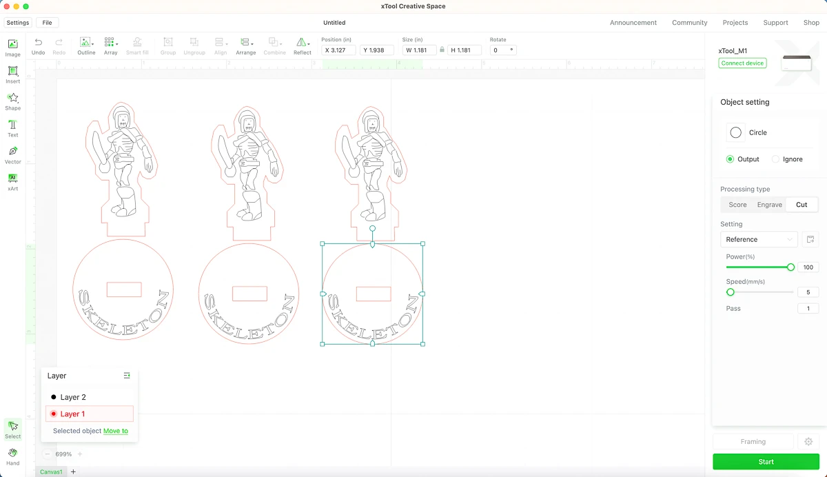 importing the skeleton miniature files into xTool Creative Space