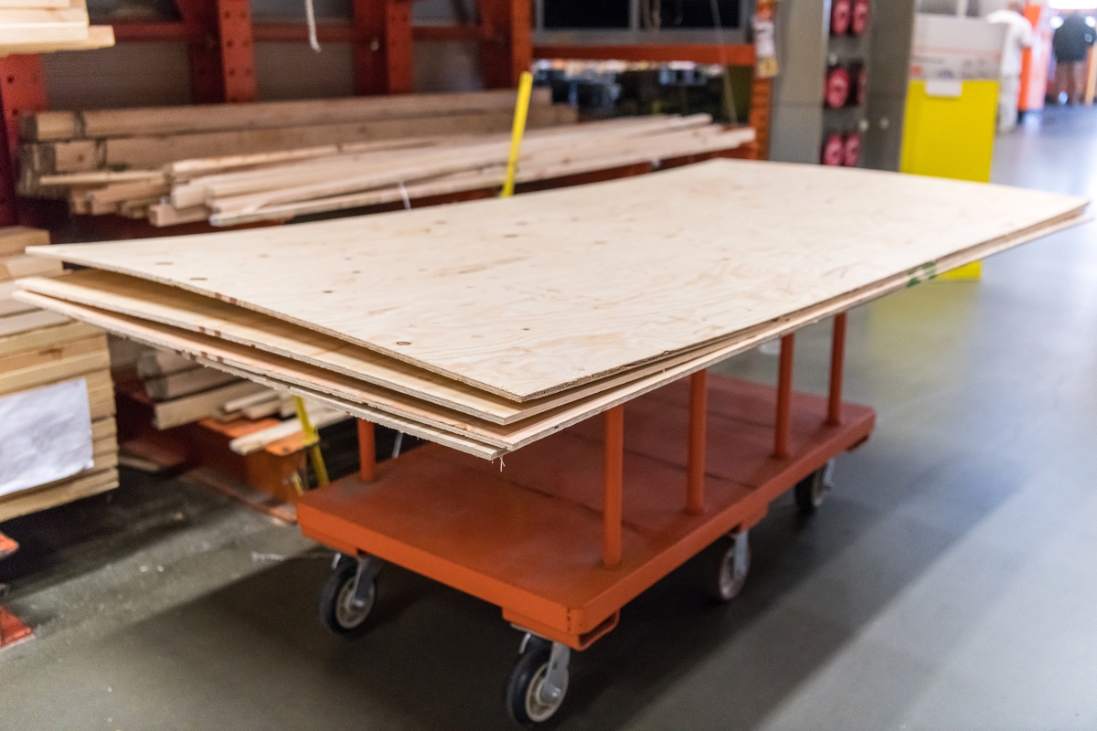 plywood on a cart at home depot