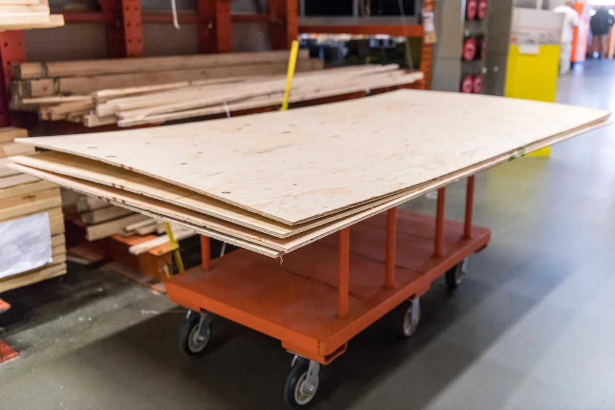 plywood on a cart at home depot