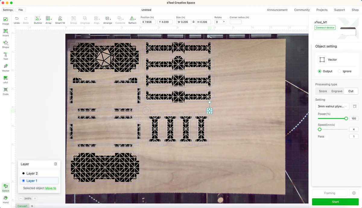 screenshot of xTool Creative Space software with cut lines selected