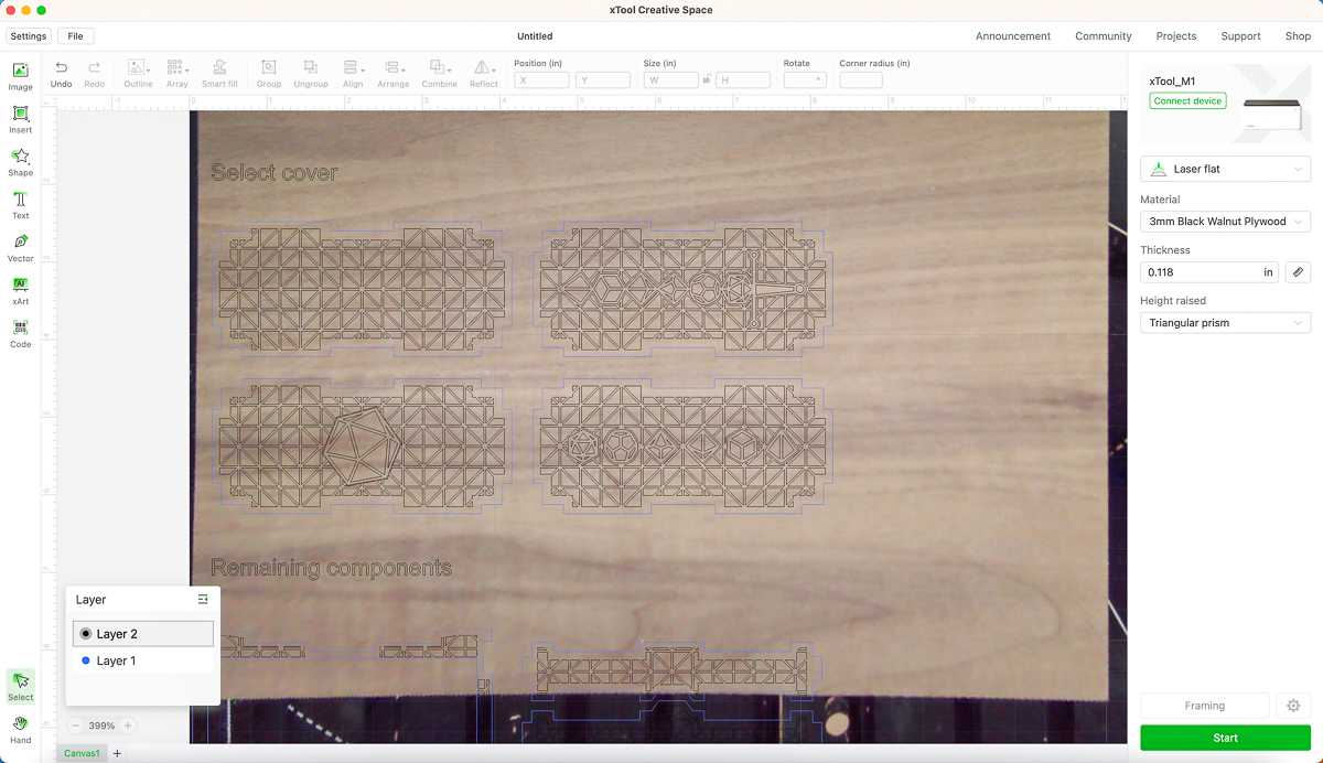screenshot of xTool Creative Space software with four design options for DIY dice box top