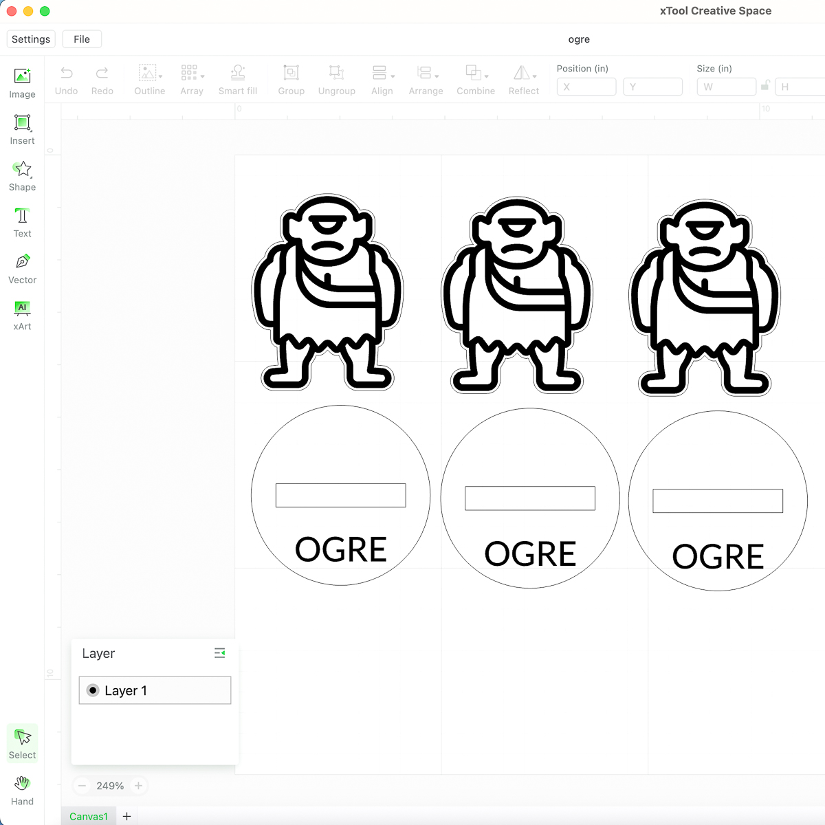 using xTool Creative Space to create the file for three ogre miniatures