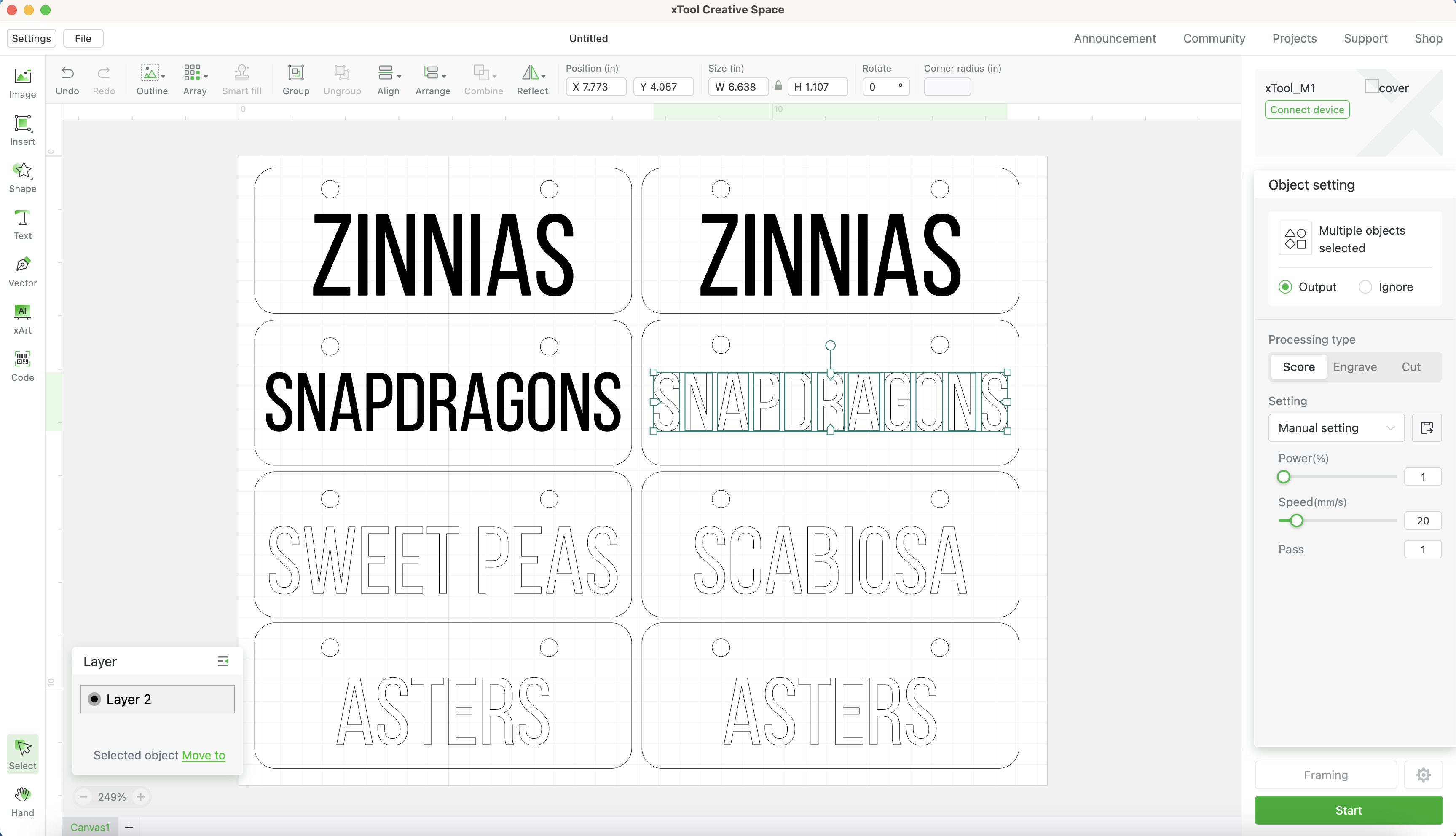 selecting cutting and engraving lines for DIY garden labels in xTool Creative Space