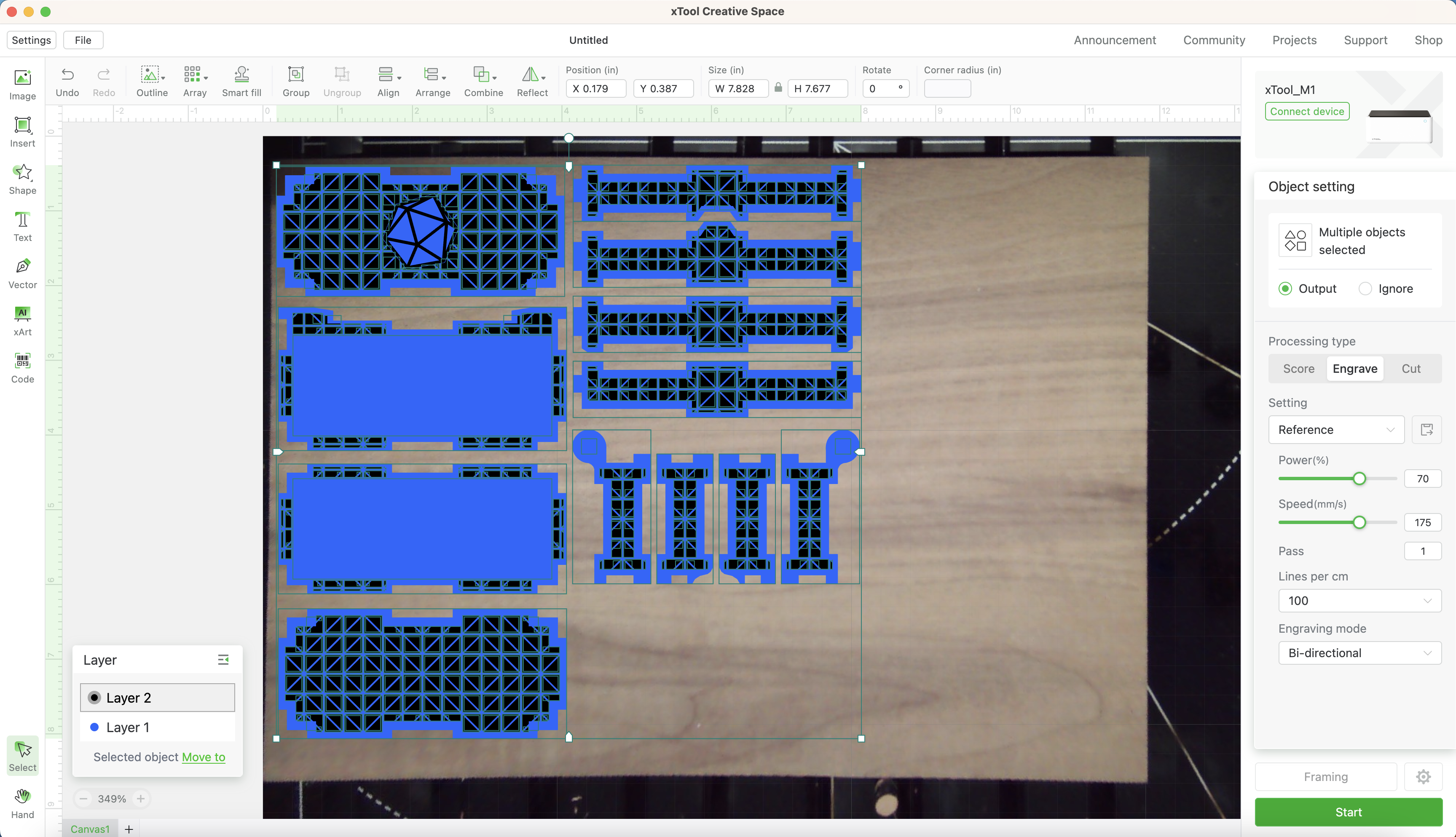 selecting all the lines to be engraved on the xTool software