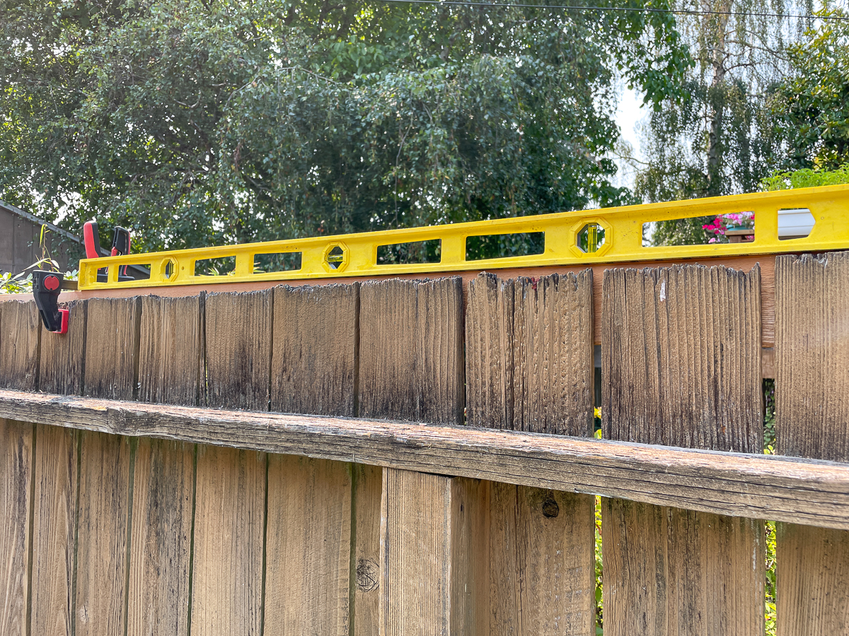 level on top of trim showing slope of fence