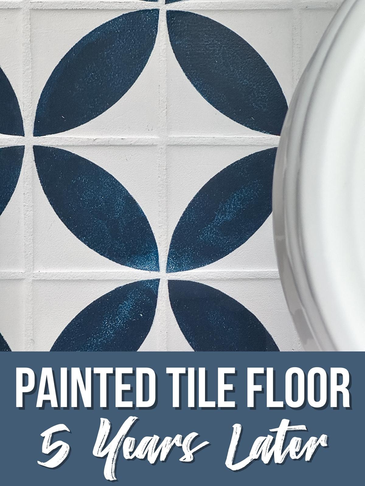 close up view of painted tile floor with text overlay