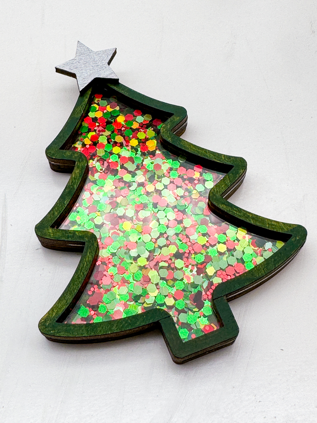 DIY glitter ornament in a Christmas tree shape