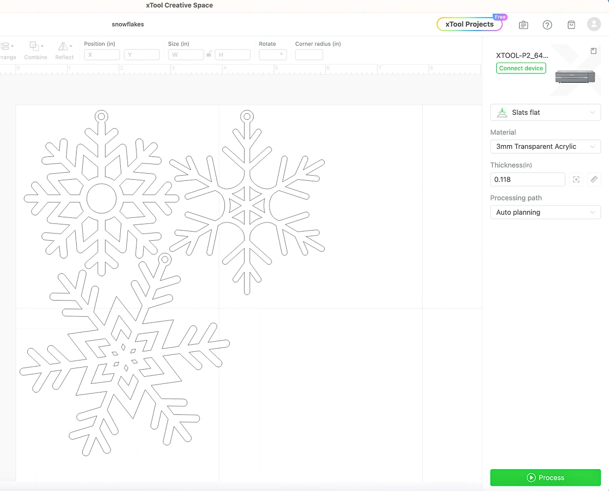 snowflake ornament design in xTool Creative Space