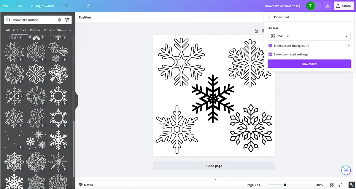 choosing snowflake designs in Canva and downloading the files as SVG