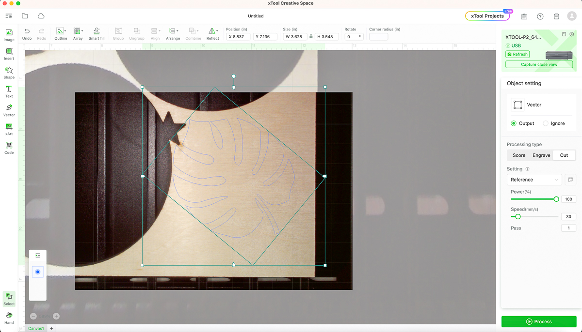 using the close up camera on the xTool P2 to get exact placement of a cut on the board