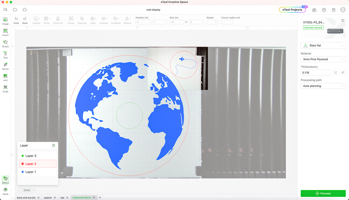 xTool Creative Space software with SVG files of the engrave layer of the DIY coin display