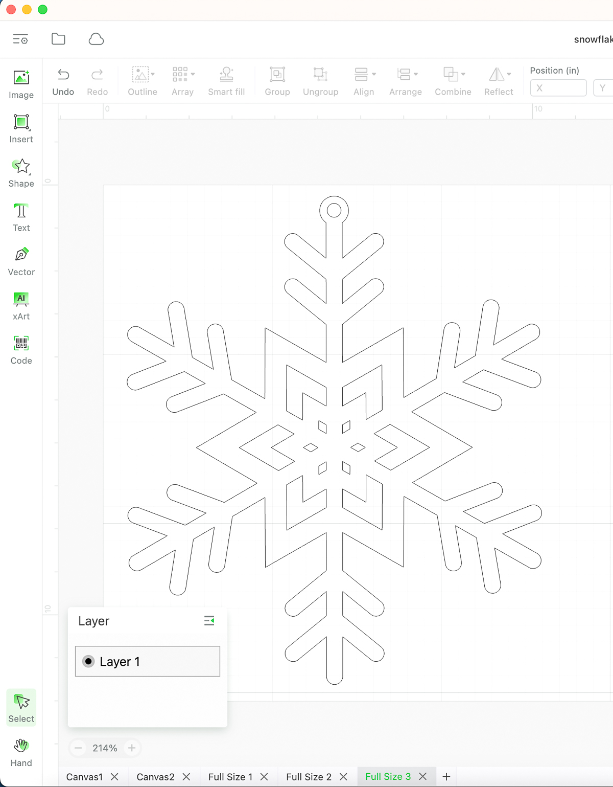 xTool Creative Space with separate canvas tabs for each snowflake design