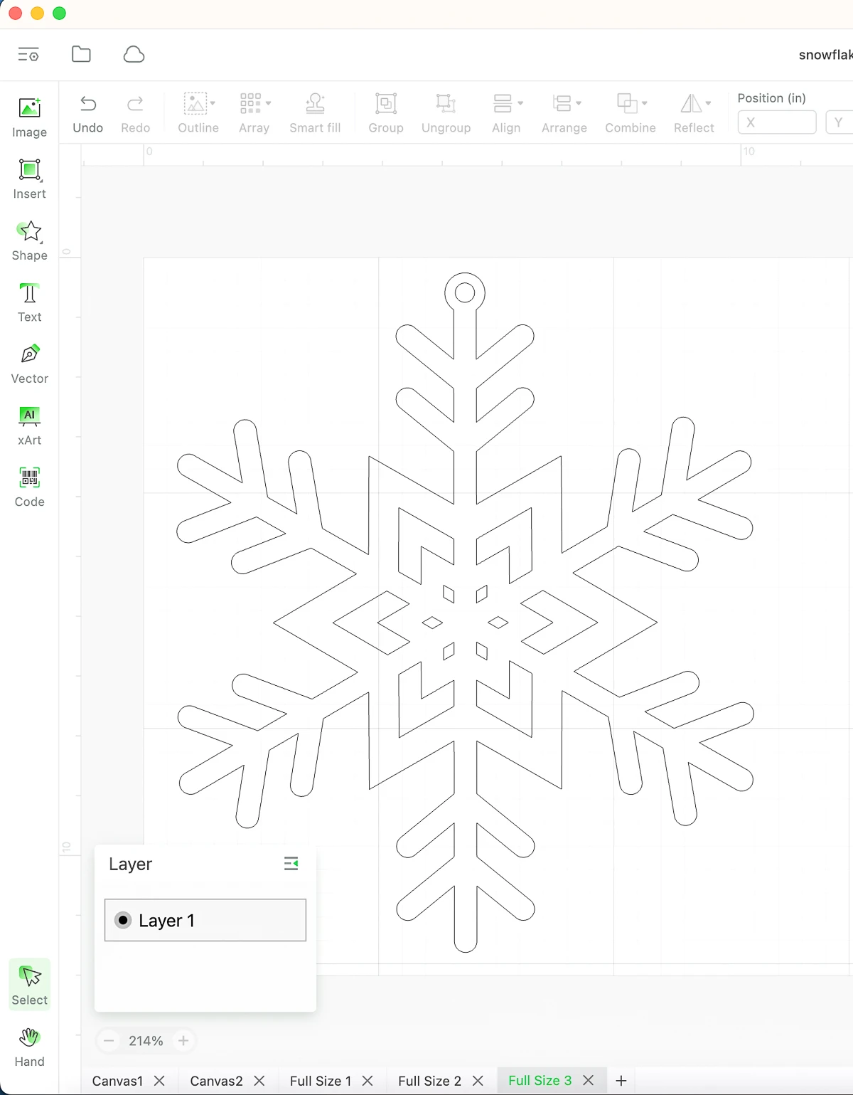 xTool Creative Space with separate canvas tabs for each snowflake design