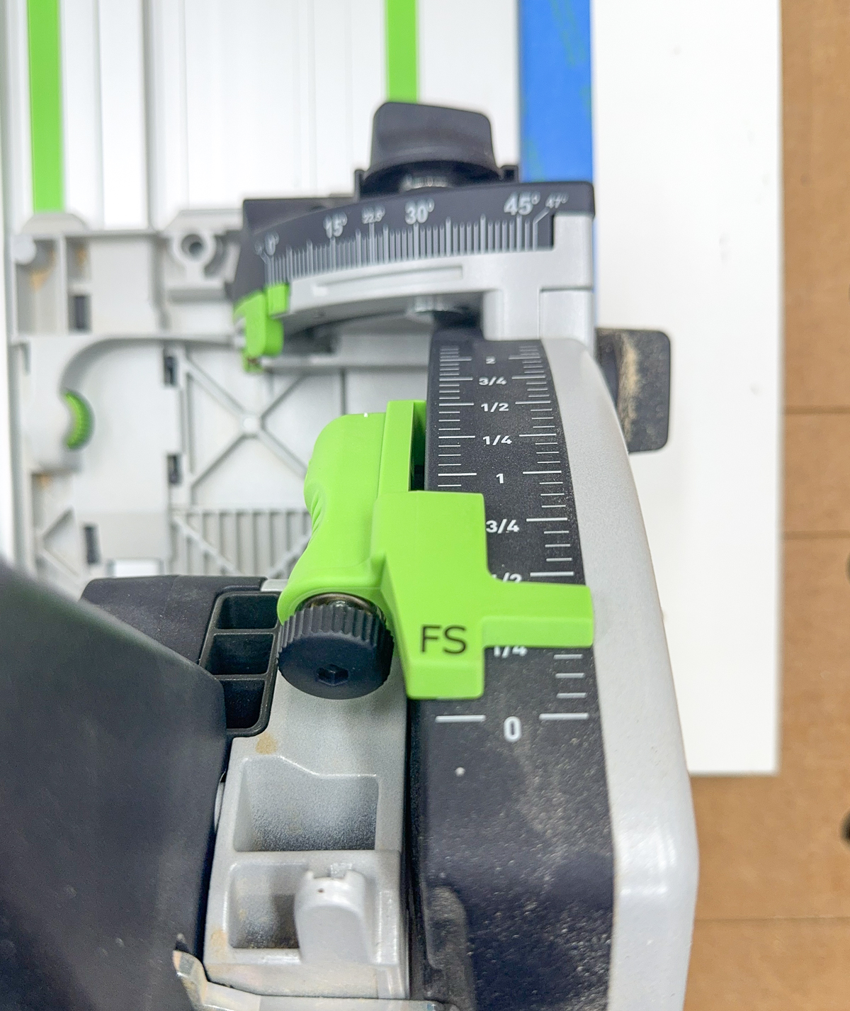 Festool track saw blade height set for a scoring cut