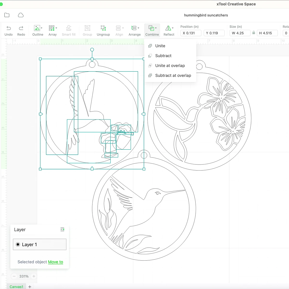 designing hummingbird suncatchers in xTool Creative Space