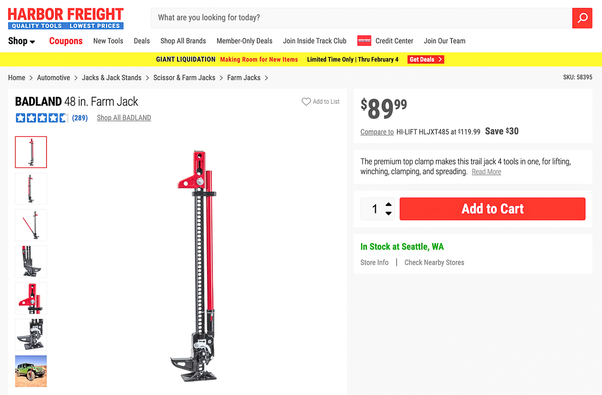 screenshot of Harbor Freight website page of the 48 inch farm jack