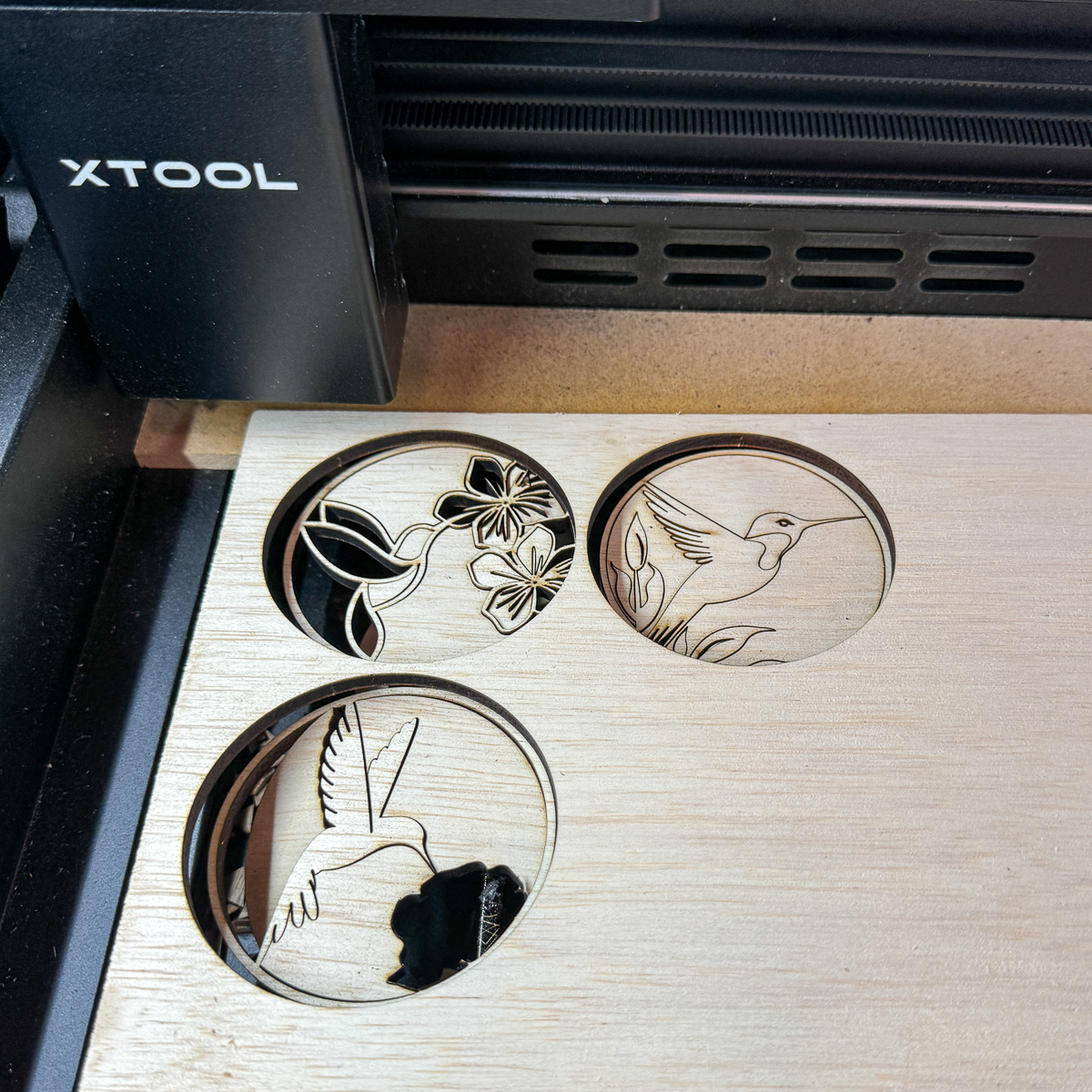 test cut of hummingbird suncatchers in xTool P2 laser cutter