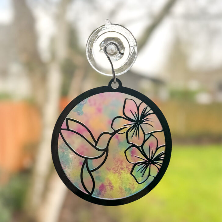 DIY hummingbird suncatcher in the window