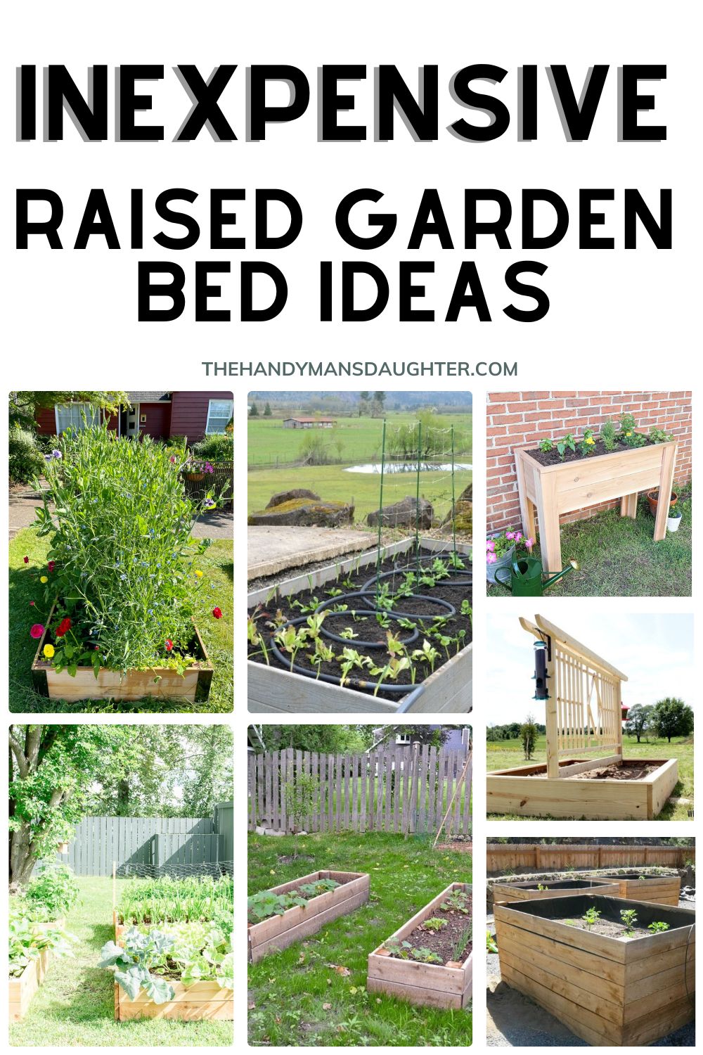 collage of inexpensive raised garden bed ideas