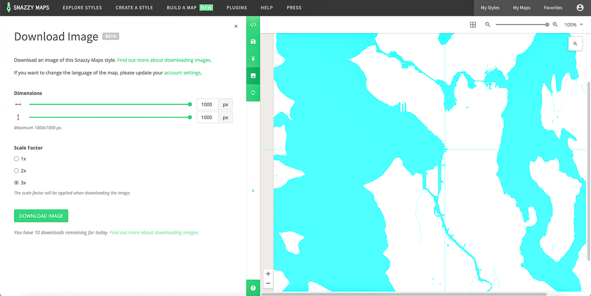 screenshot of settings to download the land and water layer of the laser cut map