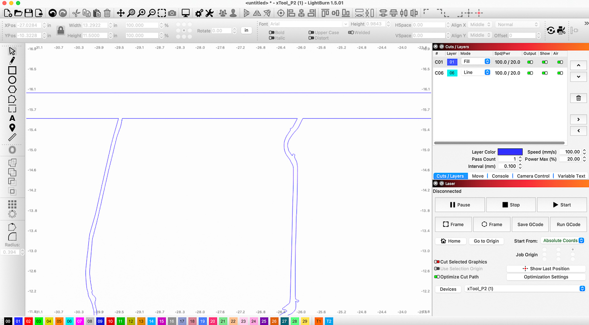 screenshot of Lightburn with ends of the highways attached to the frame