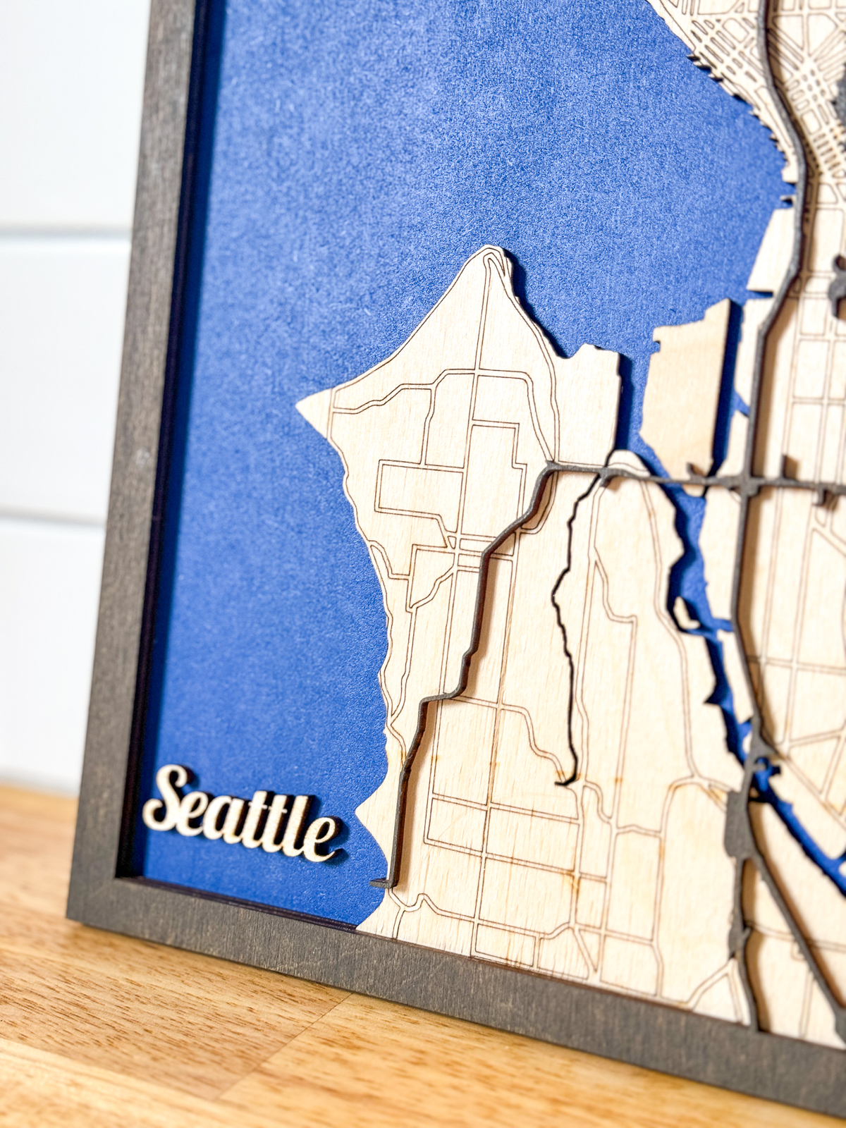 close up view of laser cut map of Seattle