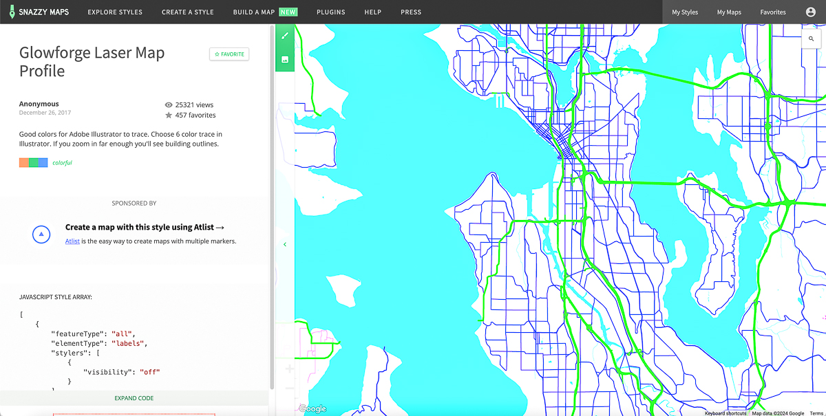 screenshot of SnazzyMaps Glowforge Laser Map Profile