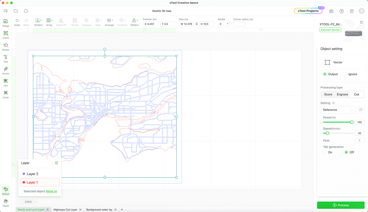 settings for laser cut city map in xtool creative space