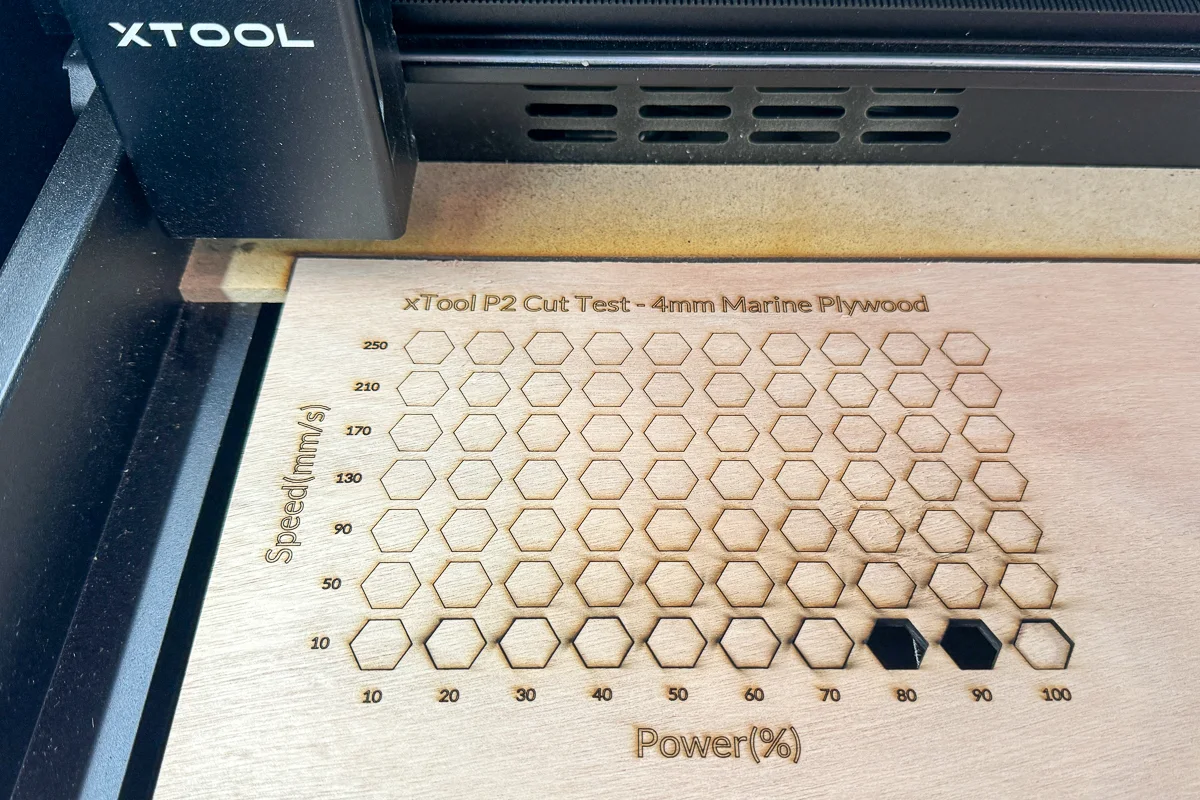 laser test cut of marine plywood on the xTool P2