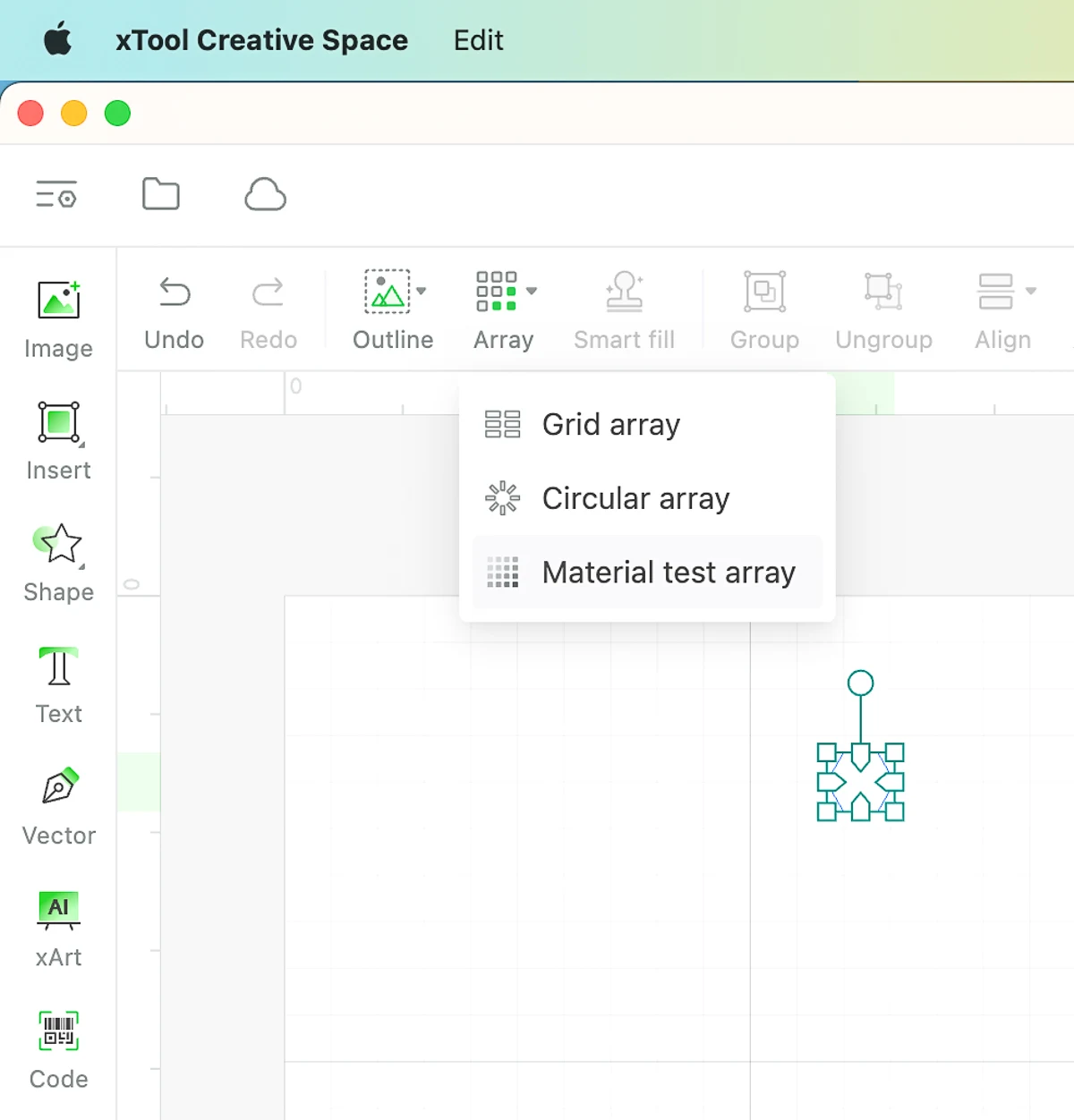 selecting material test array in xtool creative space