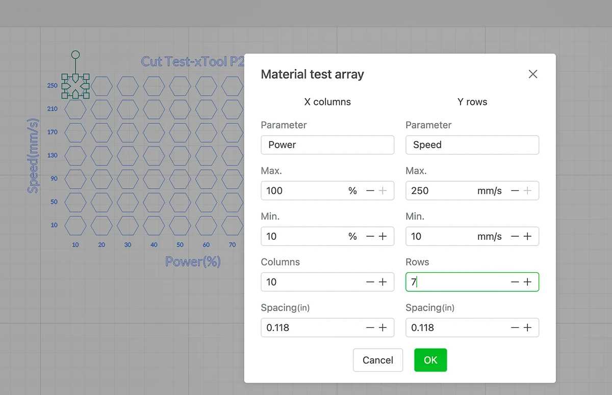 adjusting speed and power parameters for laser test cut