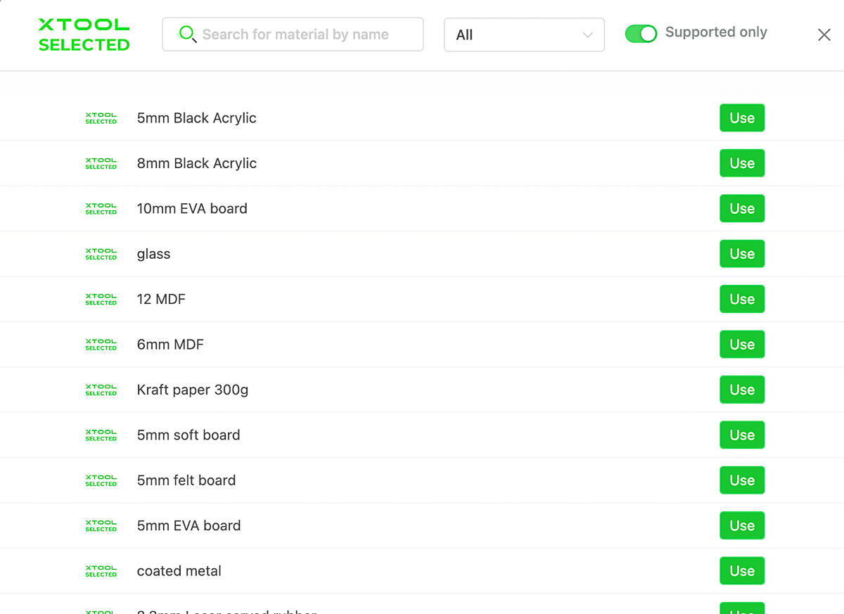 presets in xTool Creative Space for various materials