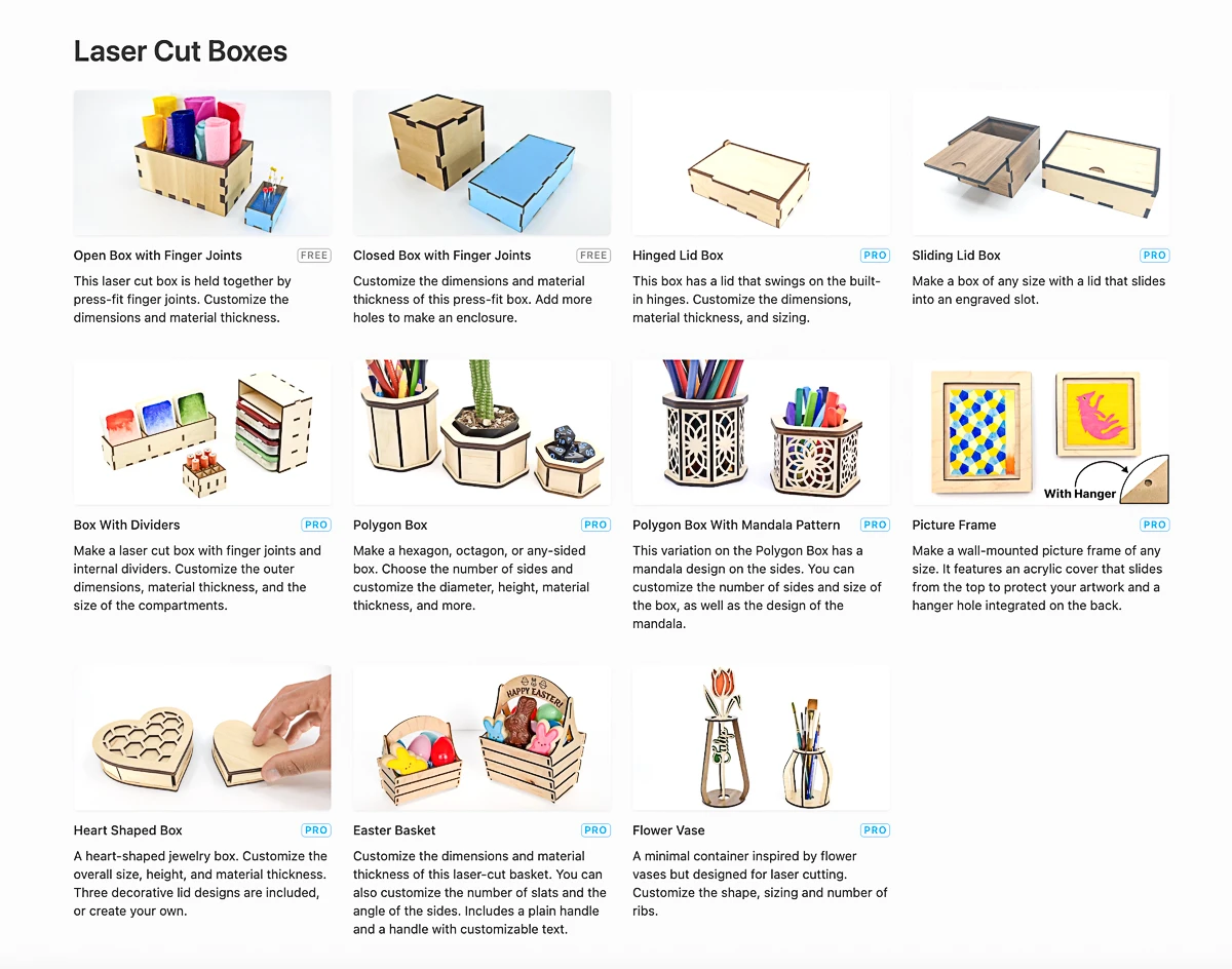 screenshot of Cuttle website with different laser cut box template options