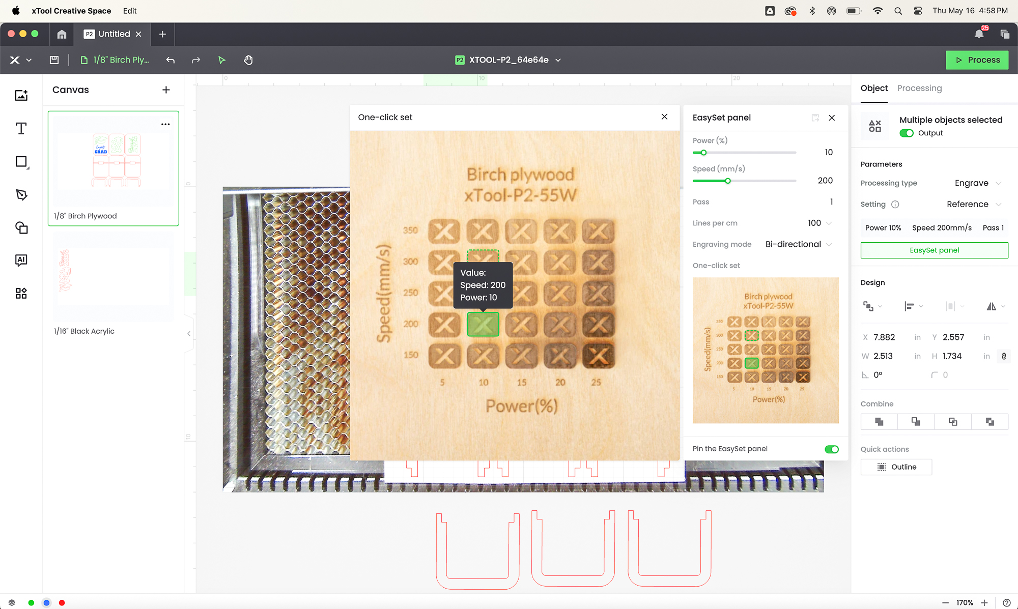choosing settings for engraving DIY gift card holder in xTool Creative Space