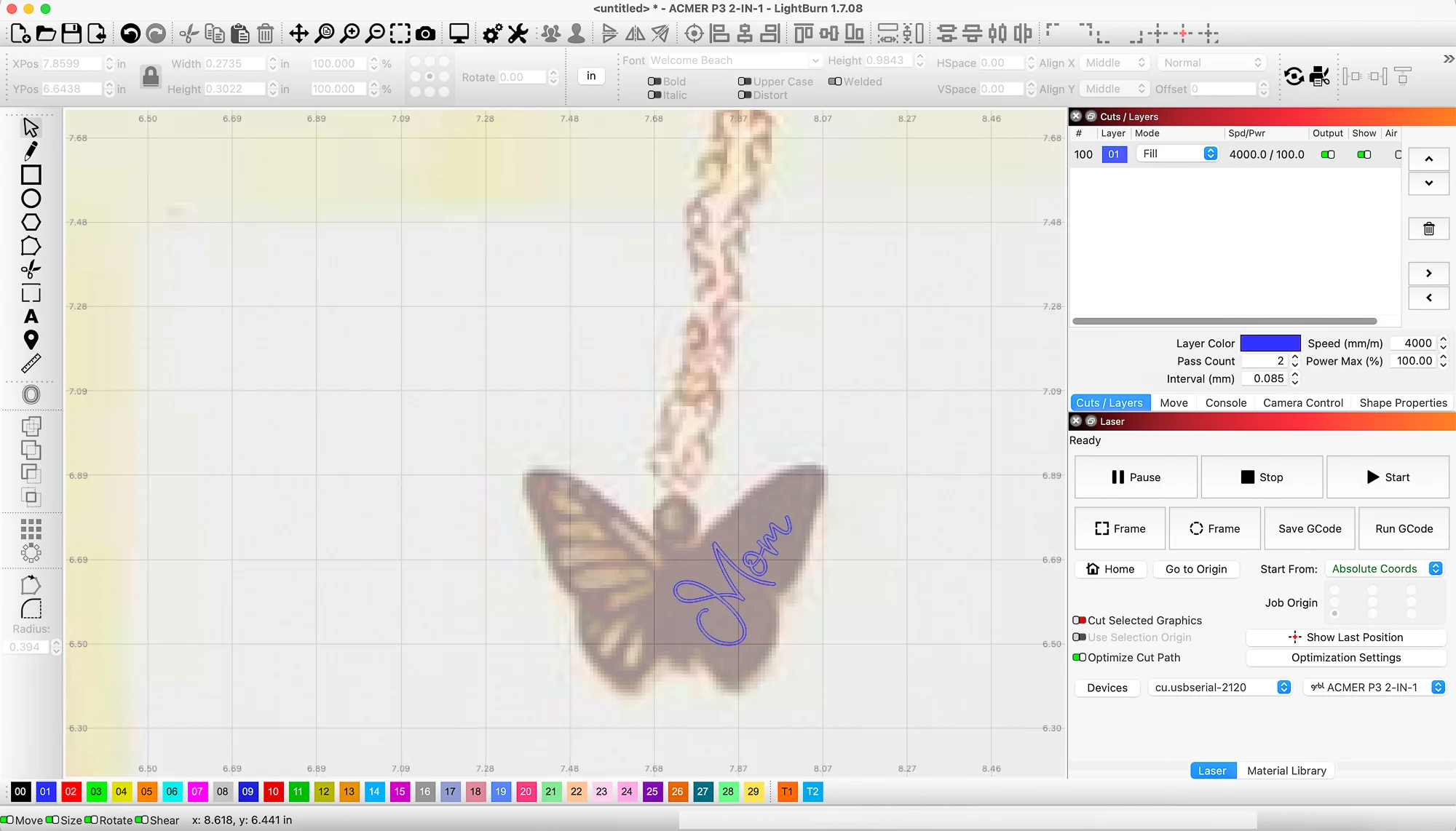 screenshot of Lightburn with engraving placed on butterfly pendant